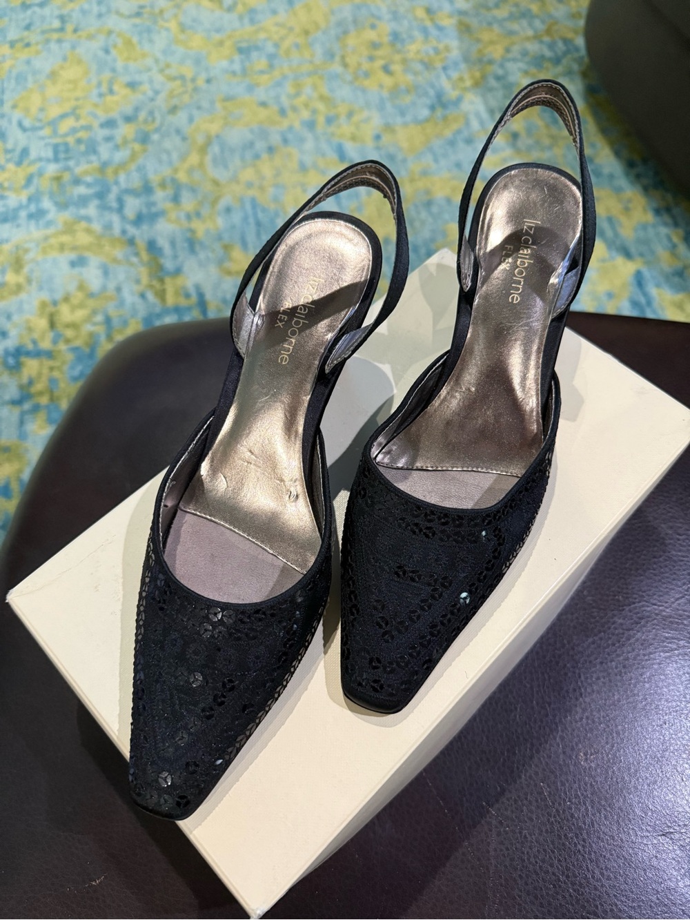 Liz Claiborne Black Sequin Slingback Heels